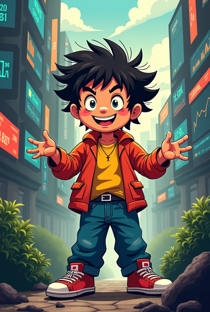 Make an image of the character Cascão from Monica's Gang, with a background of financial market charts