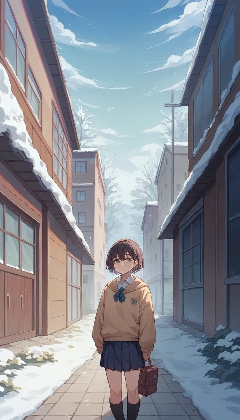 One Woman、beautiful girl、after school、evening、high school girl、School、Back of the school building、winter、Keyaki Tree々、Snow all over、it's snowing、Snowfall、Blazer Uniform、Pleated skirt、Duffle coat、Scarf、Black knee-high socks、Long Hair、Scarfを着用する、Highest quality、Ultra HD、 Black Pantyhose、Thick thighs、Big Ass、Black Hair、Black panties、White Breath