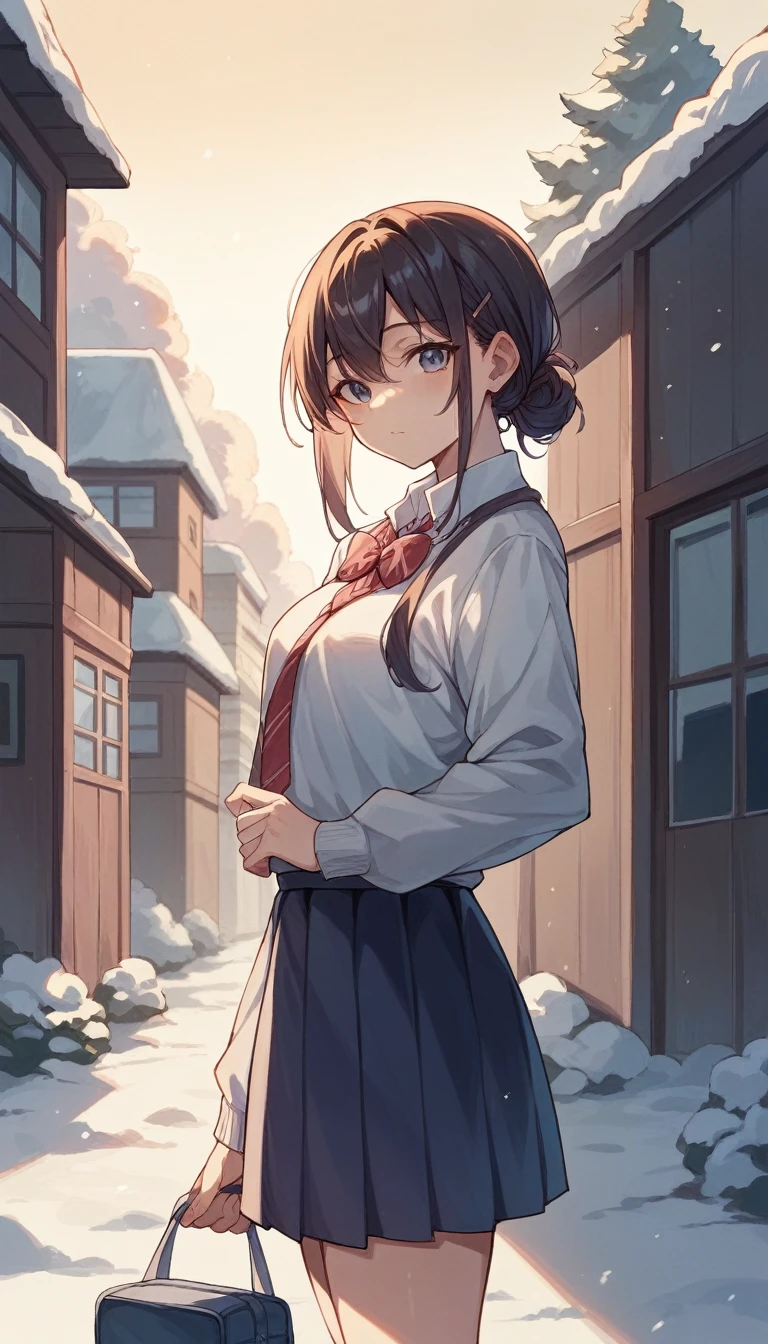One Woman、beautiful girl、after school、evening、high school girl、School、Back of the school building、winter、Keyaki Tree々、Snow all over、it's snowing、Snowfall、Blazer Uniform、Pleated skirt、Duffle coat、Scarf、Black knee-high socks、Long Hair、Scarfを着用する、Highest quality、Ultra HD、 Black Pantyhose、Thick thighs、Big Ass、Black Hair、Black panties、White Breath