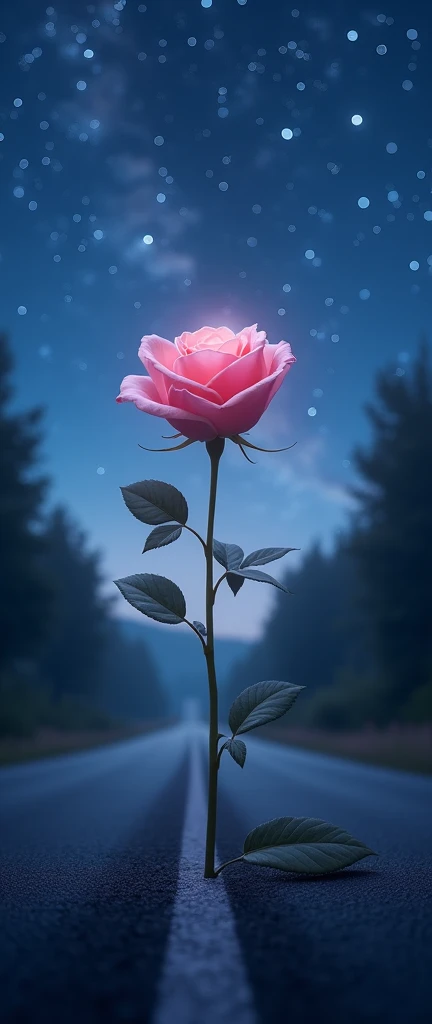 Create a beutiful pink rose on the centre of road and mid night blue sky Stars in the sky highlight details hd 8k