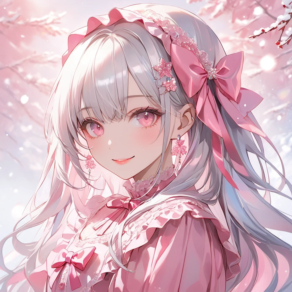 (transparent pink theme art),(top-quality),(masterpiece),(1 girl),(solo),Delicately drawn face,girl with a pretty face,beautiful detailed transparent pink eyes,beautiful detailed transparent pink ****ta fashions,((transparent costume)),(Beautiful silky white hair:1.3),pastelpink ribbon hair ornament,snow white skin,a beautiful transparent illustration,beautiful smile,frontal face,cowboy shot,transparent atmosphere,transparent color,soft gradient,pastel,lens flare,Brush strokes,transparent pink particles