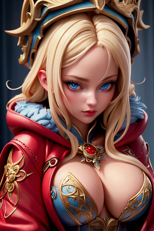 A sensual woman with blonde hair and blue eyes, big breasts with detailed ornate fur hooded coat, red hooded coat, fantasypunk. Cinematic lighting, ethereal light, intricate details, extremely detailed, incredible detail, fully colored,