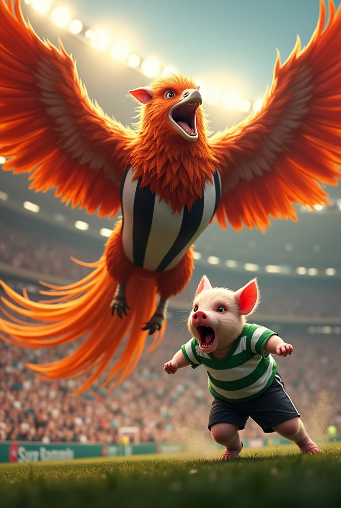 A phoenix dressed in a black and white striped shirt spitting fire at a scared pig dressed in a white and green shirt in a football stadium