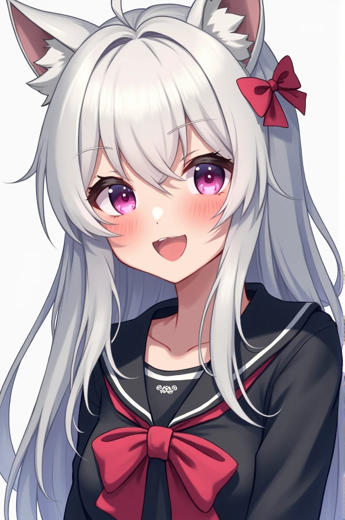 White haired girl with long hair wolf cut, and cheerful, friendly and unique , and medium chest,
