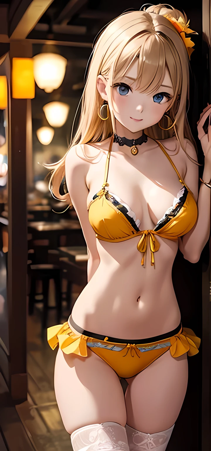 masterpiece,Ultra-high resolution、Highest quality、Sexy pose、Dimly lit bar background at night、blonde、Tie your hair back:1.2, blue eyes, smile、Tilt your head、Large gemstone earrings and chokers:1.5,、Chain belt、Spread your legs、Model walking、Small breasts、The body is very slim、skinny、Super tight waist、Thin thighs、Cowboy Shot、 Orange and yellow-green floral frilled bikini、Ribbon Garter:1.4