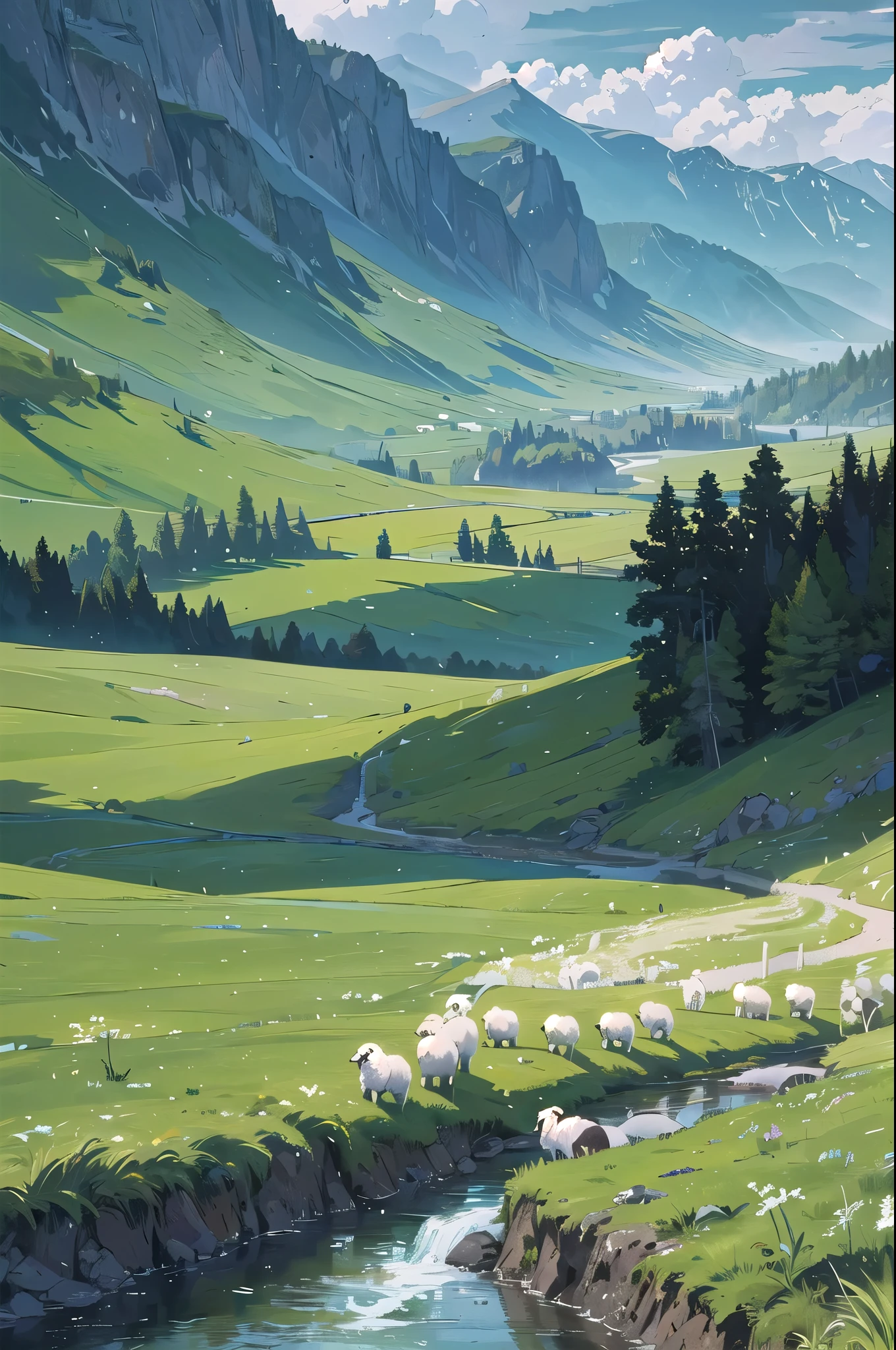A shepherd rests his flock of white sheep by a stream, Near a vast green pasture, There is a valley of dark clouds in the distance, There&#39;s an abyss beneath the valley, Dark Clouds of the Abyss, HD detailed, Super detailed, Soft Light, Deep focus bokeh, Ray Tracing. 