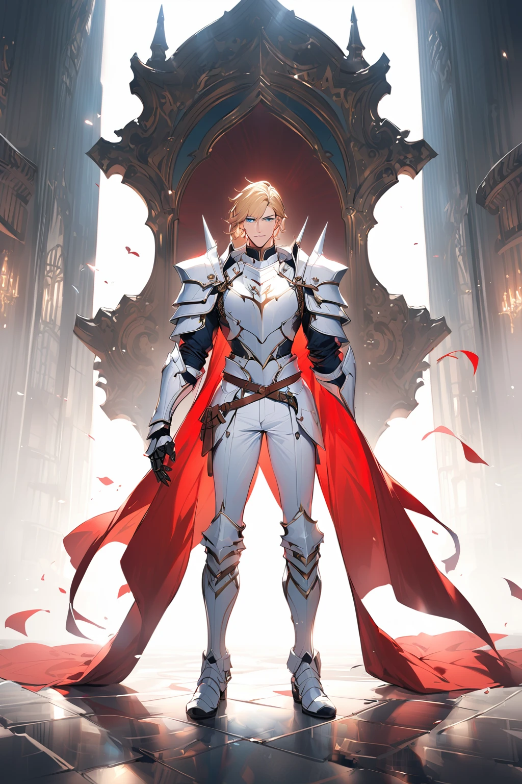 mature man, short blonde hair, piercing blue eyes, knight-general style clothing, wearing massive white chest armor, wearing white armor shoulders with spikes, wearing white armor gauntels, wearing white armor pants, wearing white armor boots, long red cape behind his back, full body,handsome man,