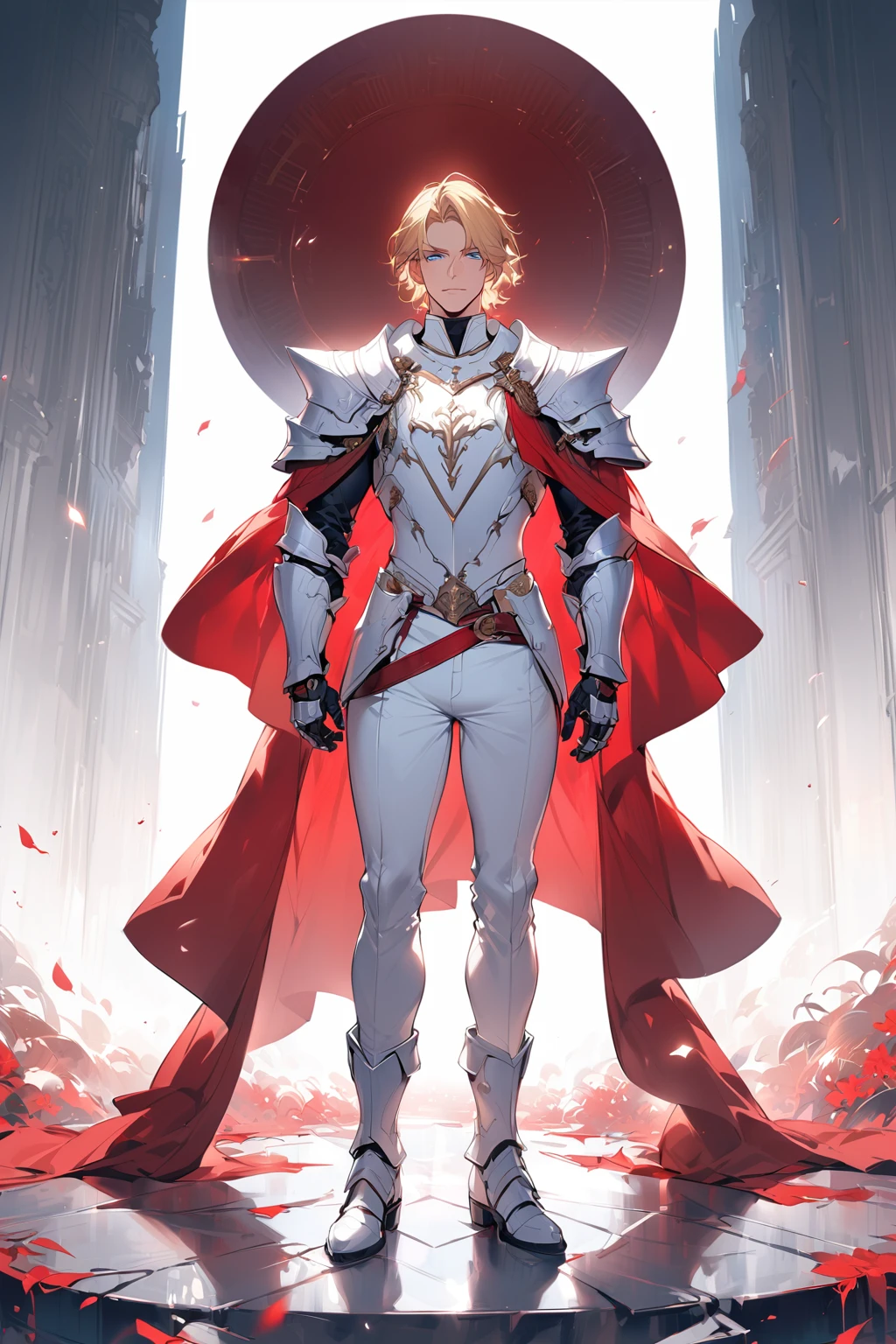 mature man, short blonde hair,  piercing blue eyes, knight-general style clothing, wearing massive white chest armor, wearing white armor shoulders with spikes, wearing white armor gauntels, wearing white armor pants, wearing white armor boots, long red cape behind his back, full body,handsome man,