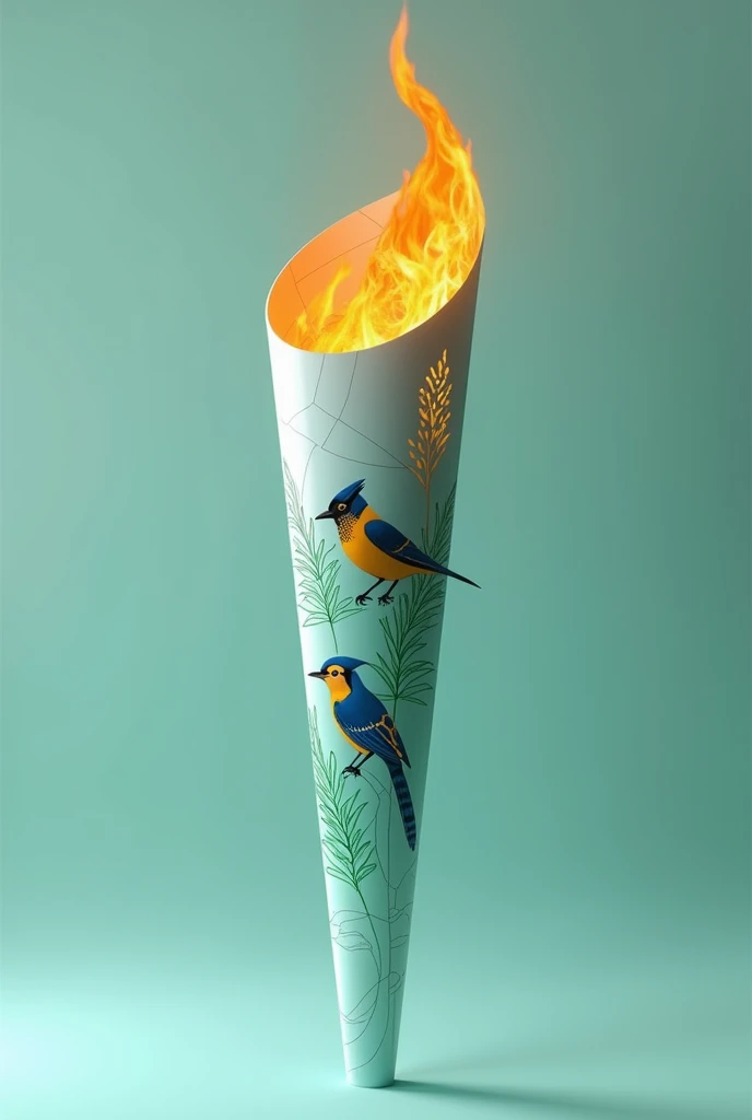 I need you to generate an Olympic torch that contains the following elements: the blue jay and the araucaria pine that represent the state of Paraná, and the colors that should be used are green and blue. I would like a modern and minimalist torch design using the elements in a more abstract way but that refers to them.