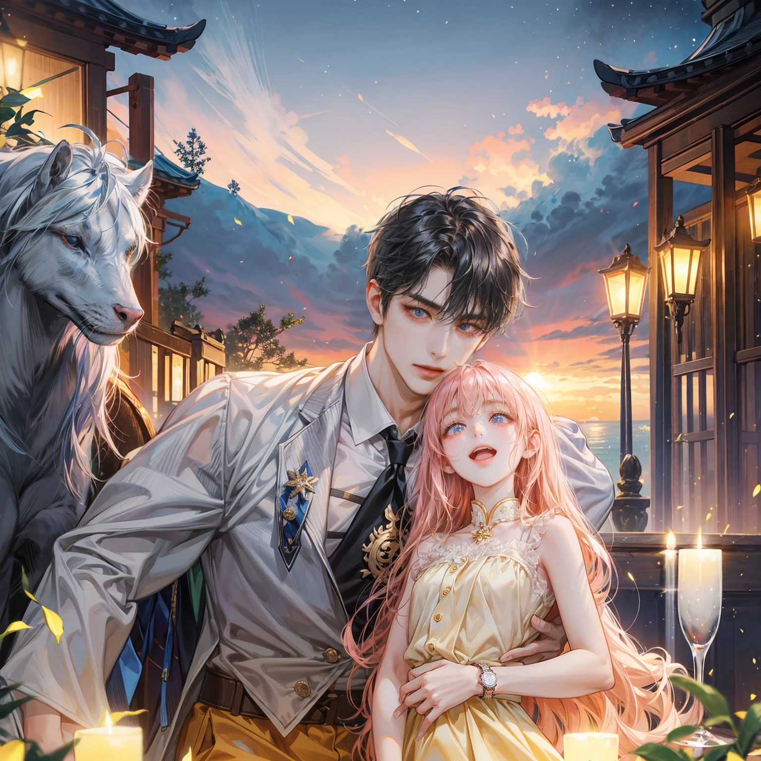 Character description: A man who is the resurrected form of Emperor Constantine. Age:: 3 Appearance: Attractive and powerful impression。Well-proportioned face、Short Hair、Or a neatly trimmed hairstyle。目は優しさand決意が感じられる。Muscular but slim build。 clothing: Stylish and functional light clothing。High quality linen shirts and shorts、summerらしい軽やかな素材で統一。Simple accessories such as watches and bracelets。クリスプスandファウスタの生まれ変わりである双子の子供たち 年齢: Appearance: Cute、元気で純真なexpression。and。Similar traits unique to twins。Soft Hair、Bright smile。 clothing: Child-like light clothing。はカジュアルなシャツandショートパンツ、はサマードレスやカジュアルなトップスandスカート。Colourful clothes and accessories。 背景andatmosphere 場所: Varna, Bulgaria Seasons: summer、Evening cool time。The sky is dyed orange and pink at sunset。You can also see the seaside view。 atmosphere: A refreshing and luxurious resort hotel。Beautiful gardens and pool、Elegant Building。夕涼みの穏やかな風and、Relaxed atmosphere。 情景and関係性 幸福で微笑ましい父子の情景 アクション: A man watches over the twins、Scenes of them laughing and playing together。The twins are holding their father's hand.、A father holding the twins in his arms。 expression: 男性は優しさand愛情に満ちたexpression。The twins have innocent and happy smiles。 ストーリーの要素 前世の影響and贖罪の気持ち 感情の表現: 男性のexpressionや仕草に、We can see regrets about the past and feelings of atonement.。双子を大切にするこandでその感情が和らいでいる。 accent: 男性の持ち物やclothingのデザインに、Symbolic elements of resurrection love and rebirth(exampleえば、Special design accessories and tattoos)Add。 Additional elements based on the setting Elements of successful businessmen Props: High-end smartphones and laptops、Work tools。 The luxury of the place: リゾートホテルのラグジュアリーなatmosphereや、Items that give a sense of private space(example:Private cabanas and poolside deck chairs)。 シンボルandテーマ キロンの意味や象徴 視覚的な象徴: 傷を癒すシンボルandして、Subtle design and background elements。Natural elements that symbolize renewal and healing(example:Flowers and trees、water flow etc.)(Highly detailed CG Unity 8k wallpaper), The most beautiful works of art in the world, masterpiece, Highest quality