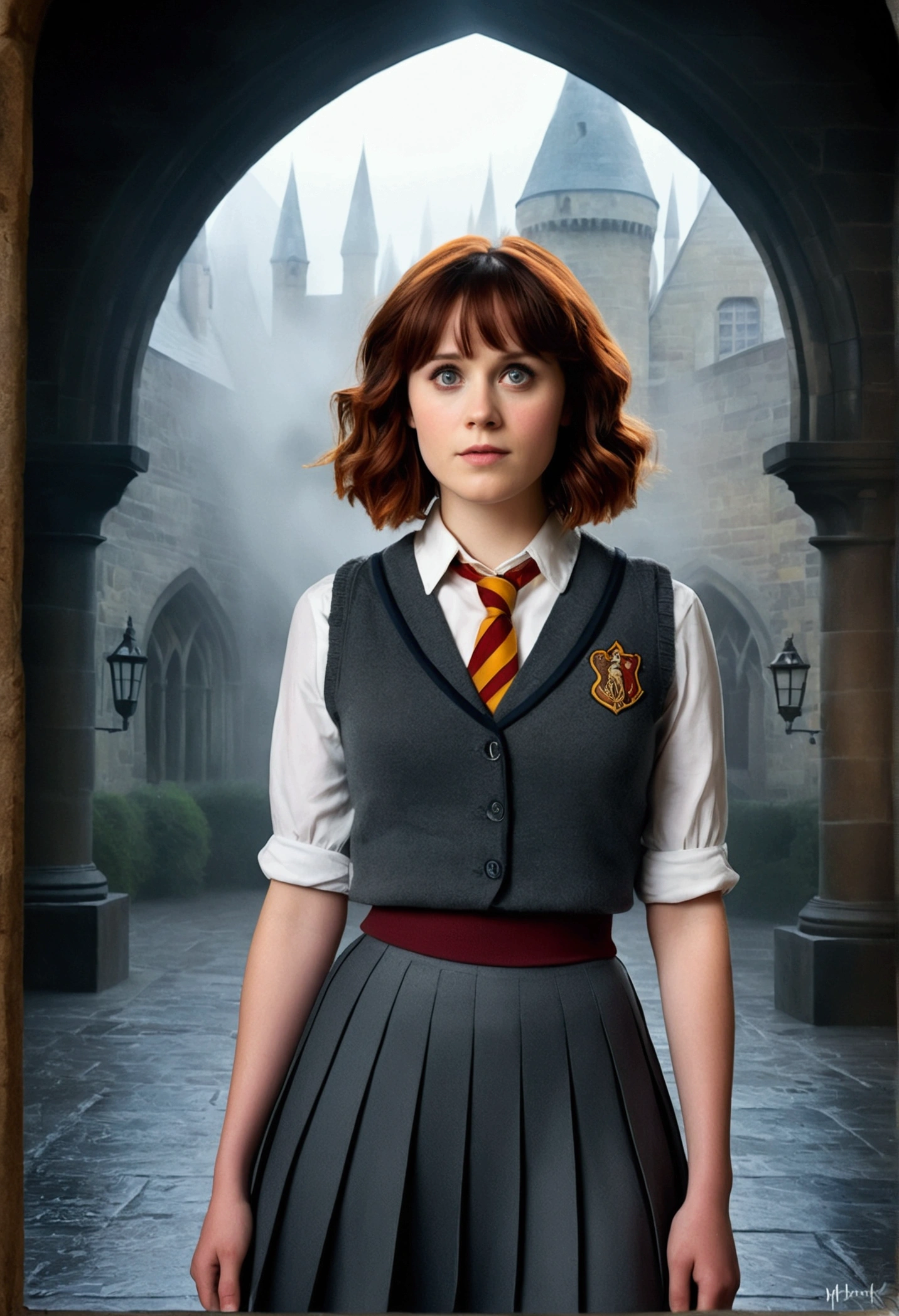 An illustrated movie poster, hand-drawn, full color, a teenage Hogwarts student, female, wearing a charcoal vest and a pleated skirt, athletic hourglass figure, full wide hips, massive round butt, long shapely legs, ridiculously thick powerful thighs, vibrant eyes, red auburn hair, short curly bob cut, flushed sun-kissed complexion, freckles, resembles Zooey Deschanel, standing in a foggy Hogwarts courtyard, surrounded by mist, graphite shading, stencil marks, airbrushed acrylic paint, masterpiece, close-up shot, in the Deathly Hallows 