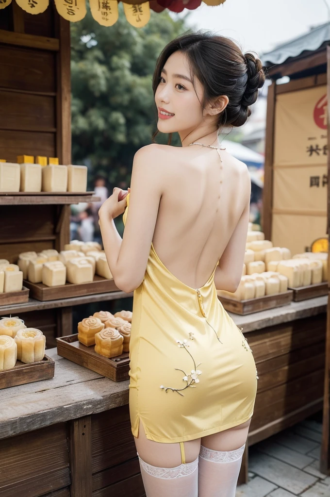 (((best quality))),(((ultra detailed))),(((masterpiece))),illustration,((1 beautiful girl,solo)),(shoulder-length straight bob:1.2),((slim,thin)),((bare back,towering hips,butt crack)),delicate face, twinkling eyes,(osmanthus flower dress:1.3),(stockings:1.3),(standing:1.3),fair complexion,(bustling market:1.3),(stall full of mooncakes:1.3),curiosity,delight,promotional,haggling,intricate patterns,Mid-Autumn Festival atmosphere, flaky, smile, sweet, fragrant filling, delightful contrast, salty exterior, eyes widen, pleasure, exploring,excitement, box, joyful anticipation, festive spirit, vibrant atmosphere, enchanting appearance, lively scene, captivating, timeless image,(outdoor:1.2),(bright sunshine:1.3),(day scene:1.3),((from back,upper body)),(surrounded by crowded crowds:1.3)