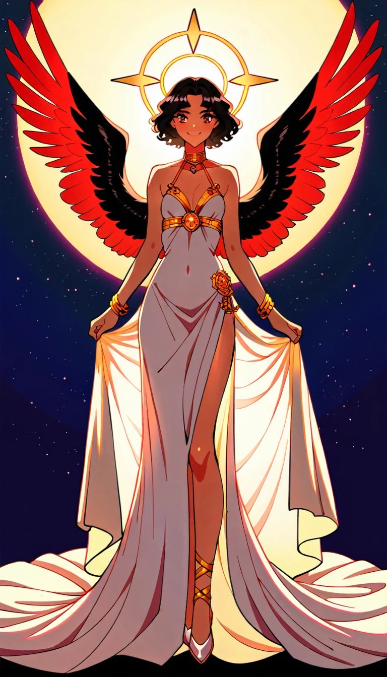 masterpiece,Best Quality), Beautiful female angel, (Dress in the style of ancient Greece),( Big Wings, Angel Halo),(Small breasts) , Short Wavy Hair, Black Hair, Micro Curl Bangs, Beautiful Face, Big beautiful eyes, A kind smile, Perfect slim standard beauty body, Under the stars,Full body photo, Bright colors