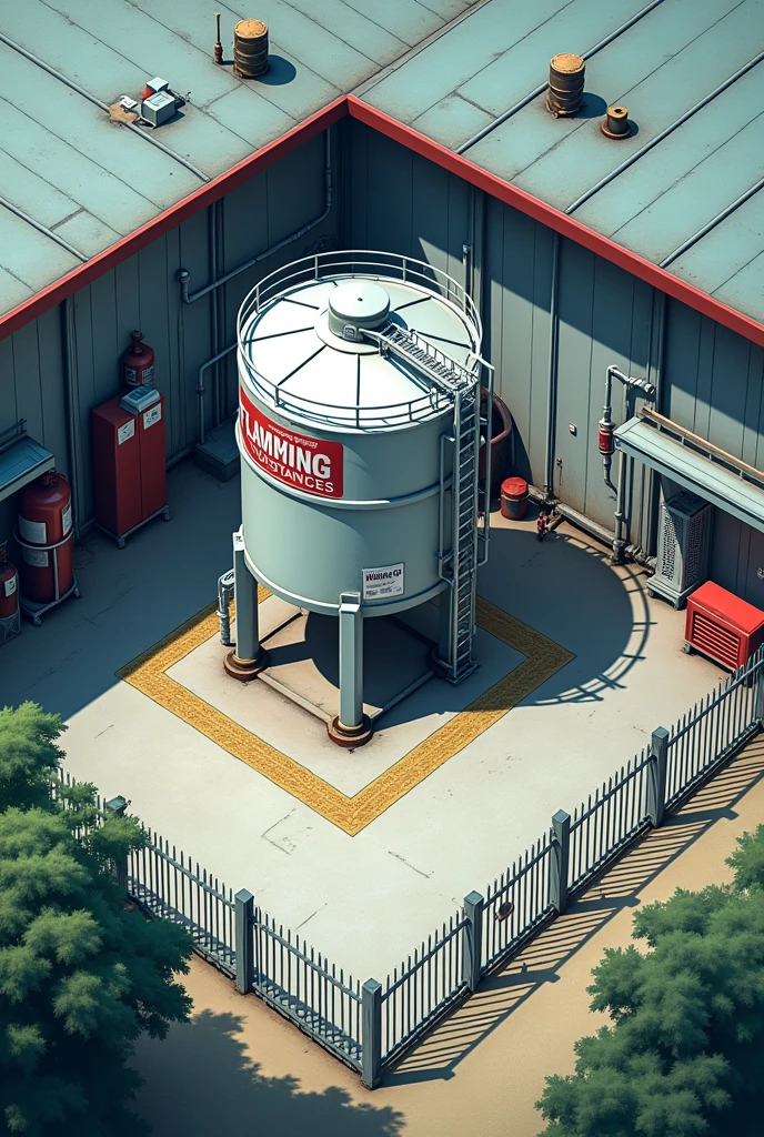 Start by sketching out your storage area.:Draw a straight line to define the storage area as a rectangle..Add details to the fence around the area to prevent unauthorized access..Drawing of chemical storage tank:วาดถังorบรรจุภัณฑ์ที่จัดเก็บสารเคมีในตำแหน่งที่เหมาะสม เช่น บนแท่นที่ป้องกันการรั่วไหล.Include details of the warning label on the tank, such as: "Flammable substances" or "No smoking".Add fire protection equipment:วาดถังดับเพลิงและระบบสปริงเกอร์ใกล้กับพื้นที่จัดเก็บ วาดหลังคาorโครงสร้างป้องกันแสงแดดเหนือพื้นที่จัดเก็บ.Enter other details:Add restricted area signs and walking routes in the surrounding area..This storage area is 15 meters away from other buildings.