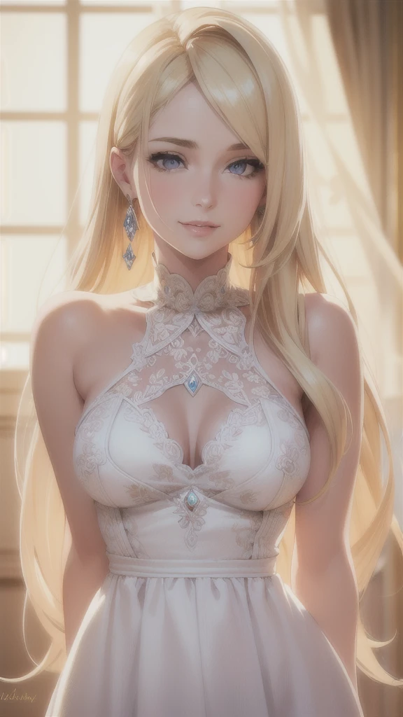 full body of a blonde woman, long blonde hair, white top, smiling beautiful detailed eyes, beautiful detailed lips, extremely detailed face, european face ,longeyelashes, realistic, photorealistic, high quality, 4k, masterpiece, professional, vivid colors, studio lighting, natural lighting, soft lighting, glowing skin, intricate details, detailled background