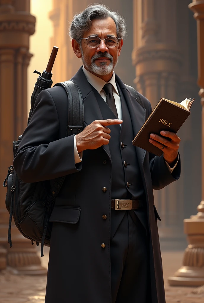 Create a Star Wars style image of a 63-year-old Latino man,brown skin, using reading glasses, gray curly hair, Side-parted hairstyle and formal dress, holding a bible in his left hand and pointing at the bible with his index finger of his right hand, smiling placidly, He doesn't have a beard or a moustache and looks clean shaven., In the book it should only say BIBLE,without images, He carries a backpack and an umbrella hanging from the same backpack