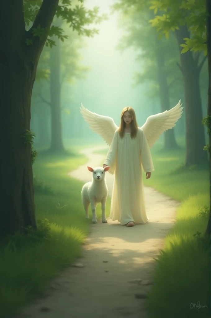 Rectangle-shaped image with larger base, where there is a blurred angel guiding a lamb along a path