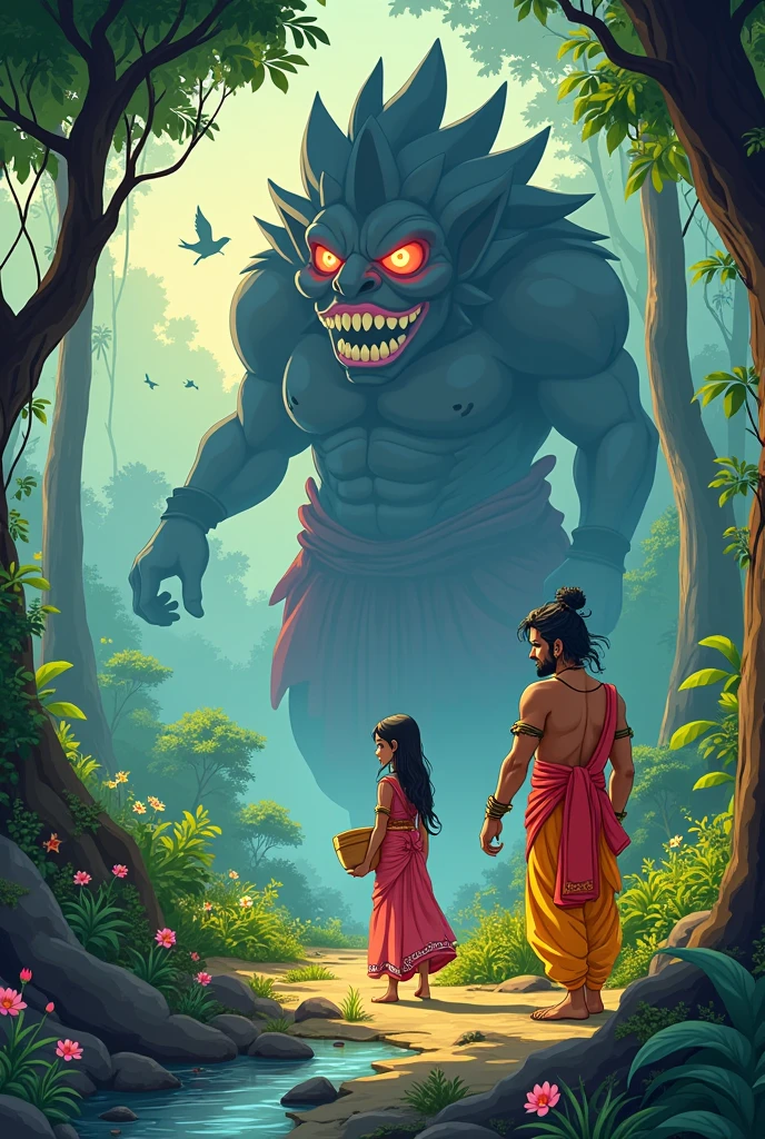 Scene 3: Life in the Forest and Sita's Abduction
* Rama and Sita's simple life in Chitrakuta and Panchavati.
* Ravana, the demon king of Lanka, sees Sita and desires her.
* Ravana's deception and abduction of Sita. Make it cartoon but they are adult