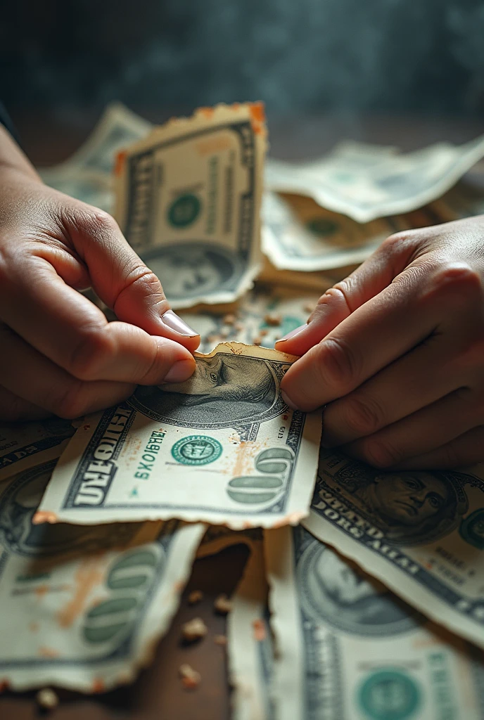 hands tearing banknotes in half
