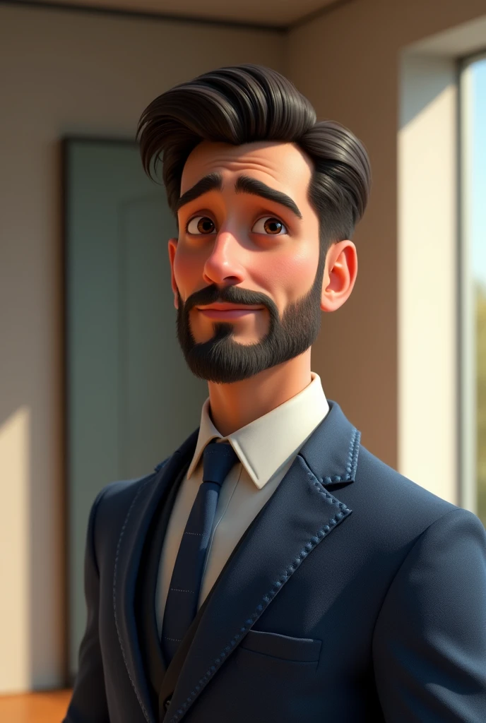 32 year old man ,Pixar-style ,without smiling ,comely, with business attire with blue detail, Dark brown hair color , Brown eyes , And with a beard