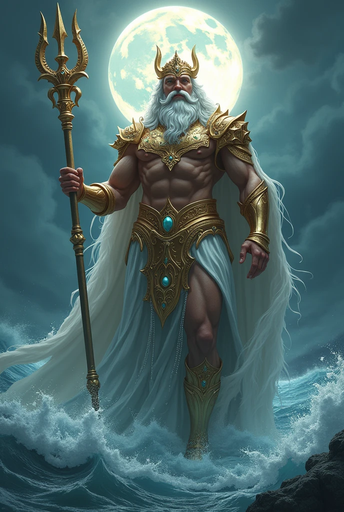 Deus Poseidon, das Profundezas dos Mares, com Tridente dourado e armadura reluzente, com pérolas nas mãos,.sob o luar