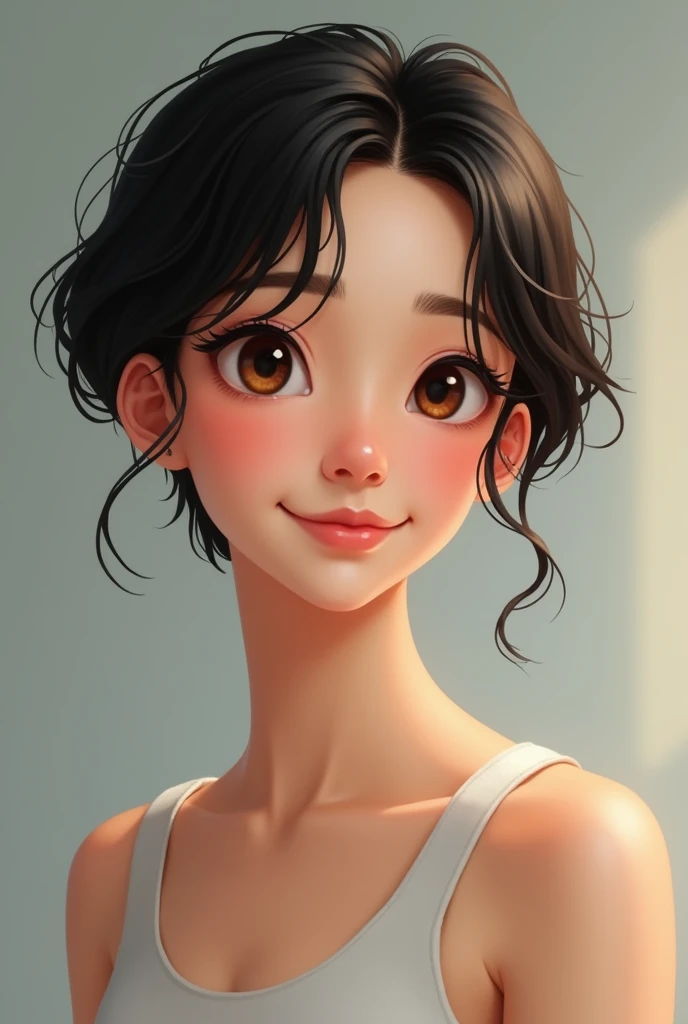 A 41 year old woman, very short black hair, eyes browns, rounded and large, Oval face, Balanced proportions, rounded forehead, soft chin, Delicate cheekbones, thin, upturned nose, delicate tip, discreet nostrils, big mouth, fleshy lips, expressive smile, hourglass body, Waist slender, proportional shoulders and hips.