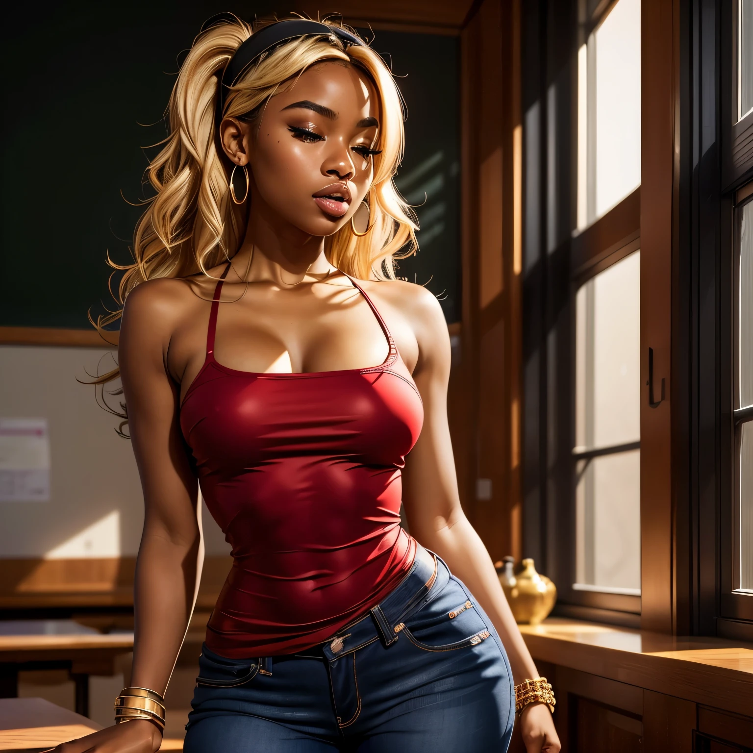 Masterpiece, high quality, high resolution, 1, blond hair, volumetric lighting, subsurface scattering, 8k, Beautiful woman, (dark skin), phillipino, college student, uniform, (red dress, jeans), wavy hair, headband, hoope earings, classroom, sexy pose, seductive pose, ((slim thick body:1.0)), thick thighs, round-butt, open mouth, big lips, screaming, orgasm, night time, eyes closed, Masterpiece, Professional lighting, 16k, 8k wallpaper, raw photo, photo-realistic:1.8, ultra detailed, natural lighting,