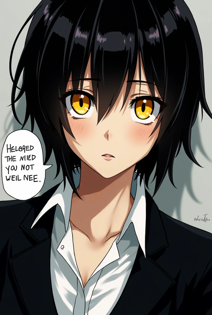 masterpiece, detailed, 1girl, alluring,makima \(chainsaw man\), white shirt with black blazer, yellow eyes, (best quality:1.2), nahidwin, speech bubble, english text, ((close-up)),