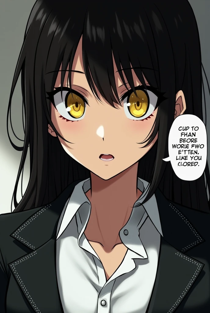 masterpiece, detailed, 1girl, alluring,makima \(chainsaw man\), white shirt with black blazer, yellow eyes, (best quality:1.2), nahidwin, speech bubble, english text, ((close-up)),