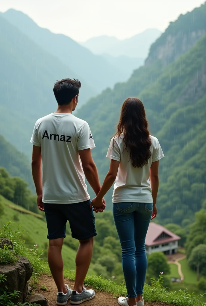 A couple standing hand in hand,  on a beautiful mountain top with greenery and beautiful home in the background. The girl is little fat. They are wearing a t shirt. On both the tshirt a designer name is printed that is "Arnaz". A little bit of rain showers is also there.