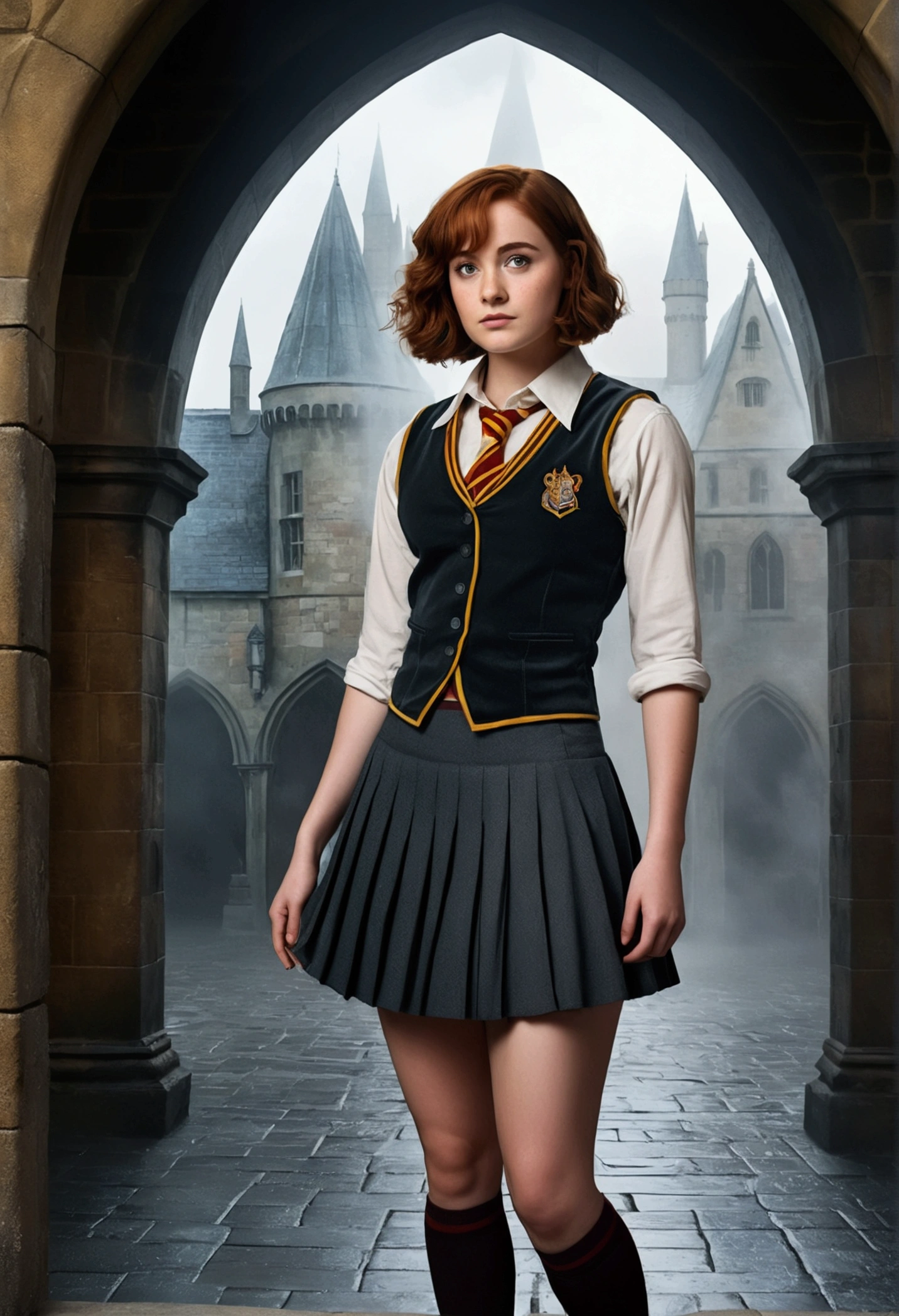An illustrated movie poster, hand-drawn, full color, a teenage Hogwarts student, female, wearing a charcoal vest and a pleated skirt, athletic hourglass figure, full wide hips, massive round butt, long shapely legs, ridiculously thick powerful thighs, vibrant eyes, deep dark auburn hair, short curly bob cut, flushed sun-kissed complexion, freckles, resembles Genevieve O'Reilly, standing in a foggy Hogwarts courtyard, surrounded by mist, graphite shading, stencil marks, airbrushed acrylic paint, masterpiece, close-up shot, in the Deathly Hallows