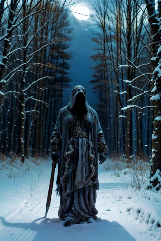 create a man and a wolf alone in the dark winter