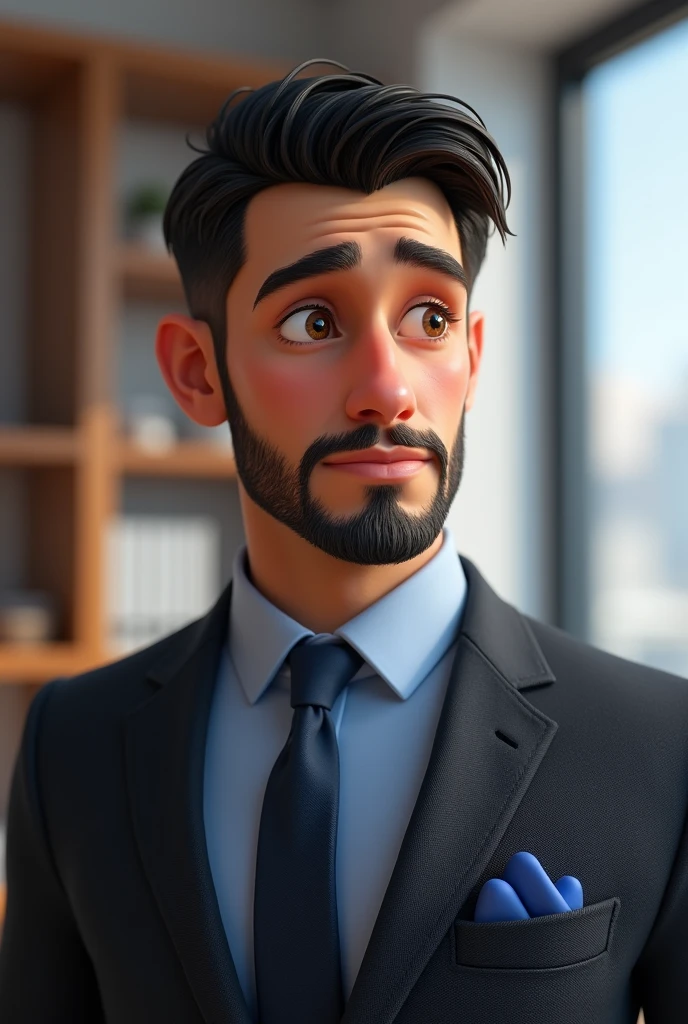 32 year old man ,Pixar-style ,without smiling ,comely, with business attire with blue detail, Dark brown hair color , Brown eyes , And with a beard 