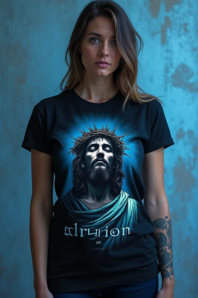 Create a black and sky blue women's shirt with an image of a man with a crown of thorns with the word salvation in Christ