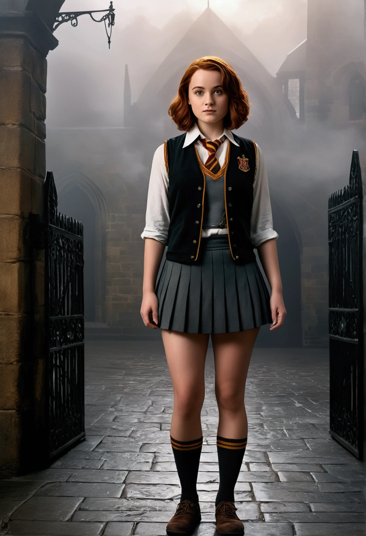 An illustrated movie poster, hand-drawn, full color, a age Hogwarts student, female, wearing a charcoal vest and a pleated skirt, athletic hourglass figure, full wide hips, massive round buttng shapely legs, ridiculously thick powerful thighs, vibrant eyes, deep dark auburn hair, short curly bob cut, flushed sun-kissed complexion, freckles, resembles Genevieve O'Reilly, standing in a foggy Hogwarts courtyard, surrounded by mist, graphite shading, stencil marks, airbrushed acrylic paint, masterpiece, close-up shot, in the Deathly Hallows 