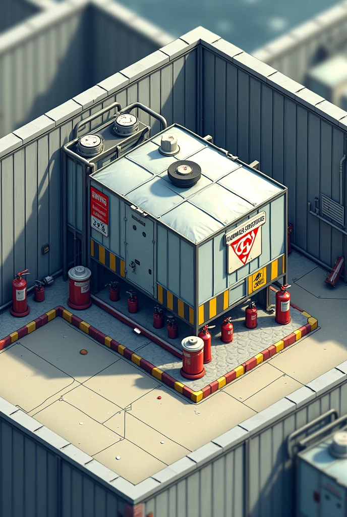 Start by sketching out your storage area.:Draw a straight line to define the storage area as a rectangle..Add details to the fence around the area to prevent unauthorized access..Drawing of chemical storage tank:วาดถังorบรรจุภัณฑ์ที่จัดเก็บสารเคมีในตำแหน่งที่เหมาะสม เช่น บนแท่นที่ป้องกันการรั่วไหล.Include details of the warning label on the tank, such as: "Flammable substances" or "No smoking".Add fire protection equipment:วาดถังดับเพลิงและระบบสปริงเกอร์ใกล้กับพื้นที่จัดเก็บ วาดหลังคาorโครงสร้างป้องกันแสงแดดเหนือพื้นที่จัดเก็บ.Enter other details:Add restricted area signs and walking routes in the surrounding area..This storage area is 15 meters away from other buildings.