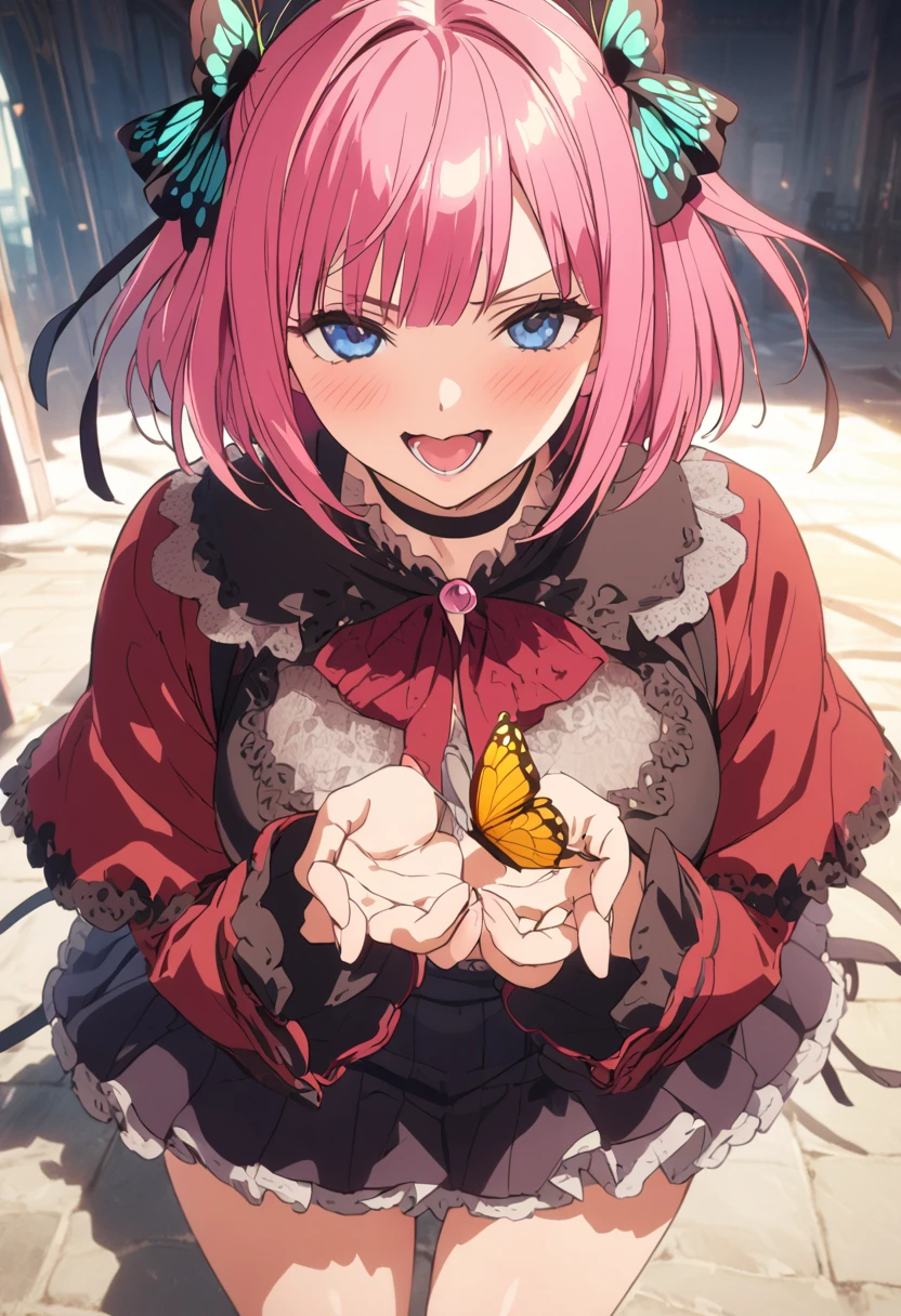 (Highest quality, 4K, 8k, High resolution, masterpiece:1.2), Very detailed, Picturesque, Animated Photography, Photo Animation:1.37)、Japanese schoolgirl、(Pink Hair)、(short hair)、(butterfly hair)、Black choker、smile、Fold your hands behind your body、Ecstasy face、Gothic Lolita Clothing、Nakano Nino
