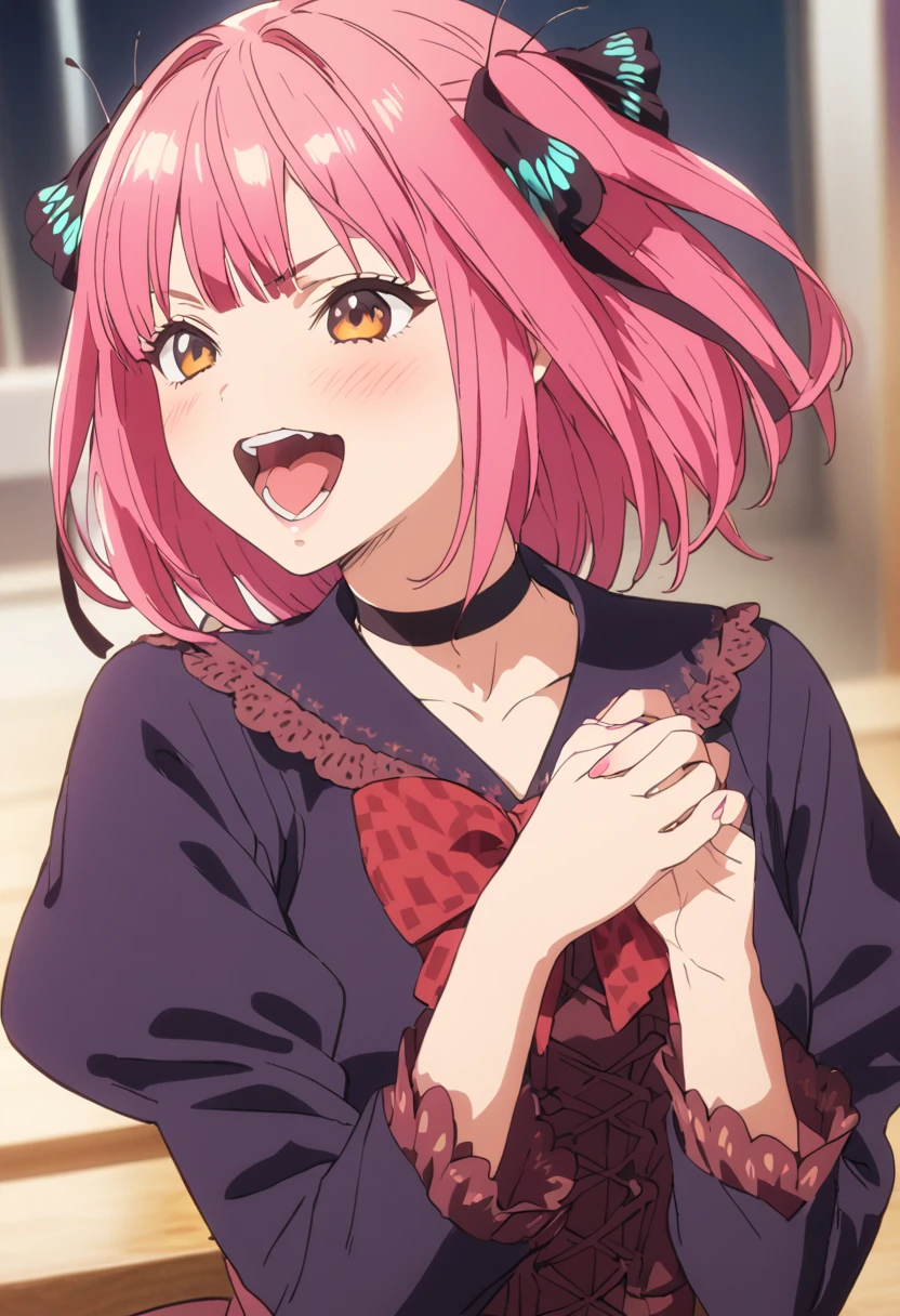 (Highest quality, 4K, 8k, High resolution, masterpiece:1.2), Very detailed, Picturesque, Animated Photography, Photo Animation:1.37)、Japanese schoolgirl、(Pink Hair)、(short hair)、(butterfly hair)、Black choker、smile、Fold your hands behind your body、Ecstasy face、Gothic Lolita Clothing、Nakano Nino
