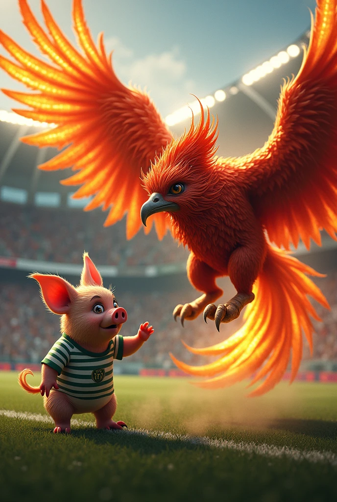 A phoenix dressed in a black and white striped shirt spitting fire at a scared pig dressed in a white and green shirt in a football stadium