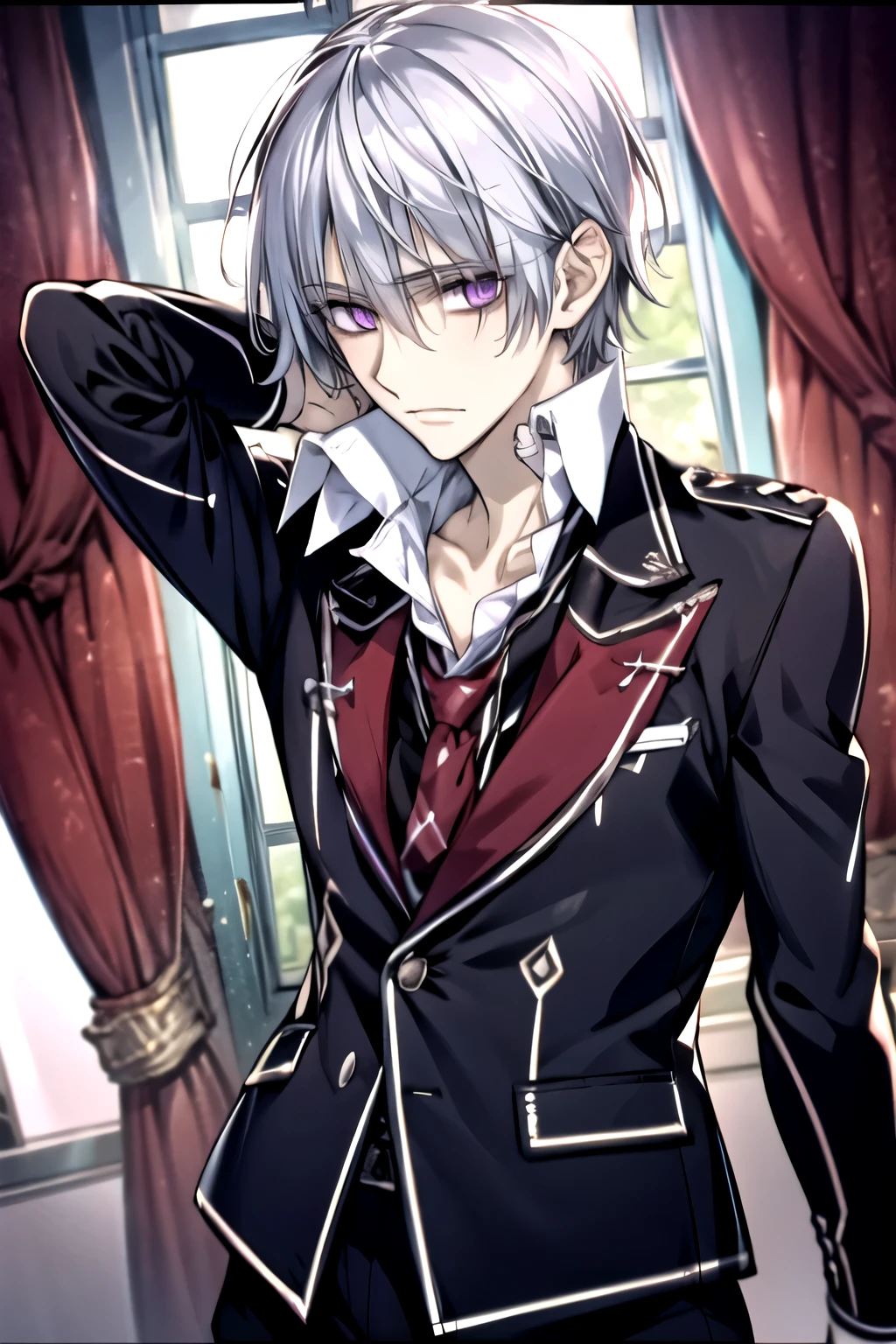 (absurdres, highres, ultra detailed, HDR), masterpiece, best quality, Zero Kiryuu, 1man, solo, handsome, (short silver hair), vibrant purple eyes, finely eye and detailed face, window, red curtains, black uniform, vampire knight, (arms behind back), solid crimson background, (portrait), 
