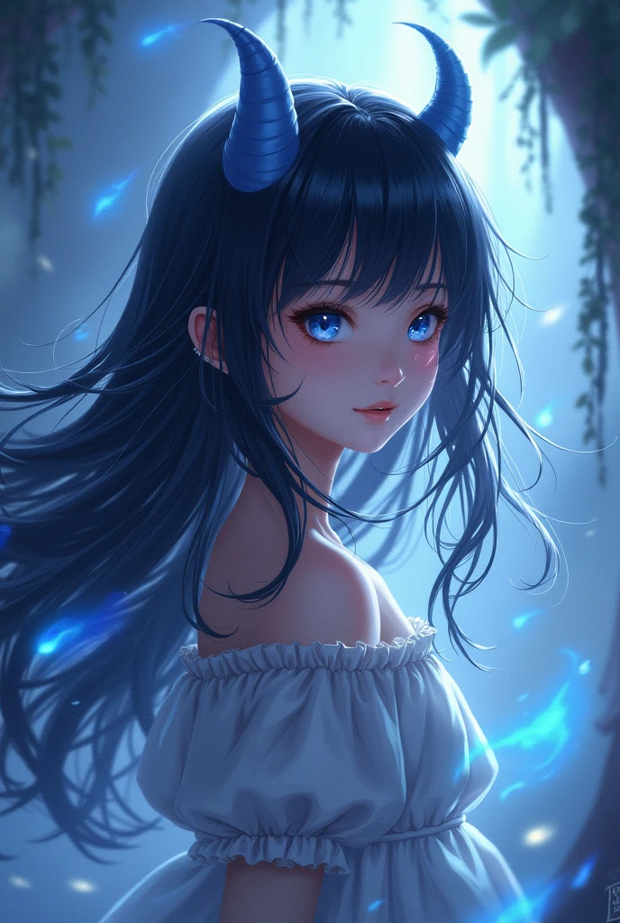 anime girl ,with dark hair and two small blue horns