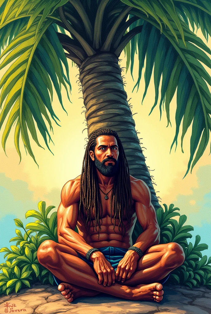 Colored drawing of a man with braids sitting under a palm tree
