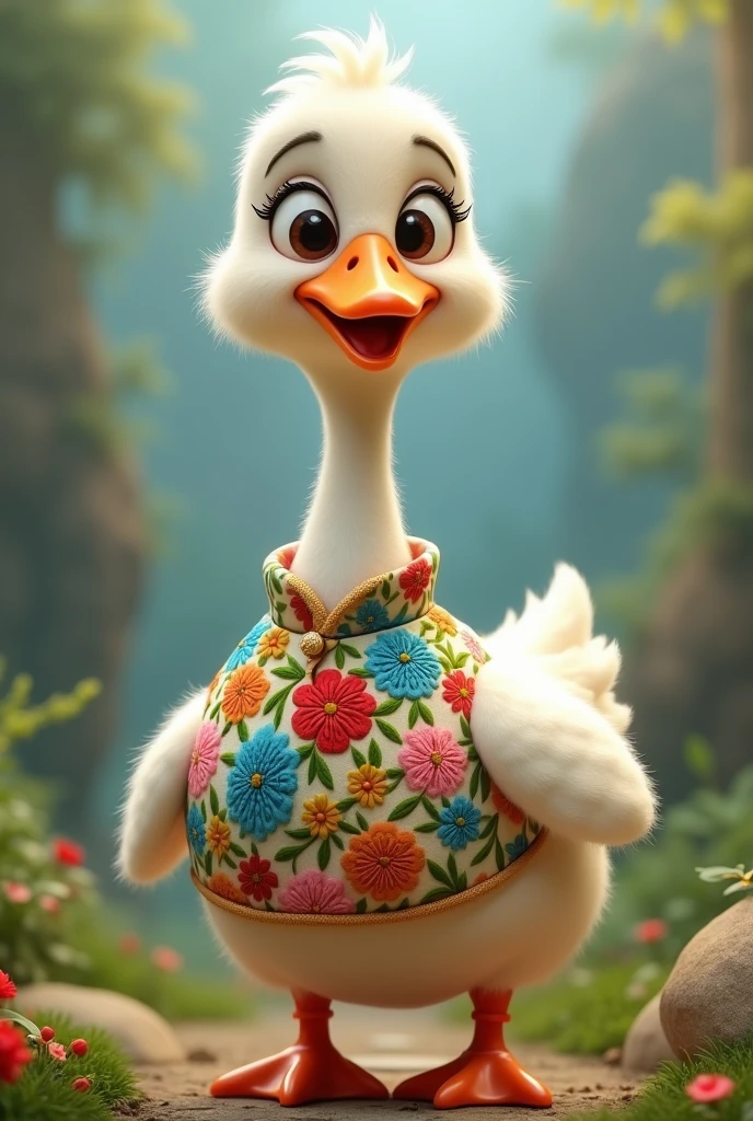 Imagine une oie avec un corps blanc et duveteux, un cou gracieux et un petit bec orange. Elle porte une chemise à fleurs colorées, avec des motifs de fleurs rouges, bleues et jaunes. Ses ailes sont légèrement écartées pour montrer la chemise, et elle a un sourire joyeux sur le visage.