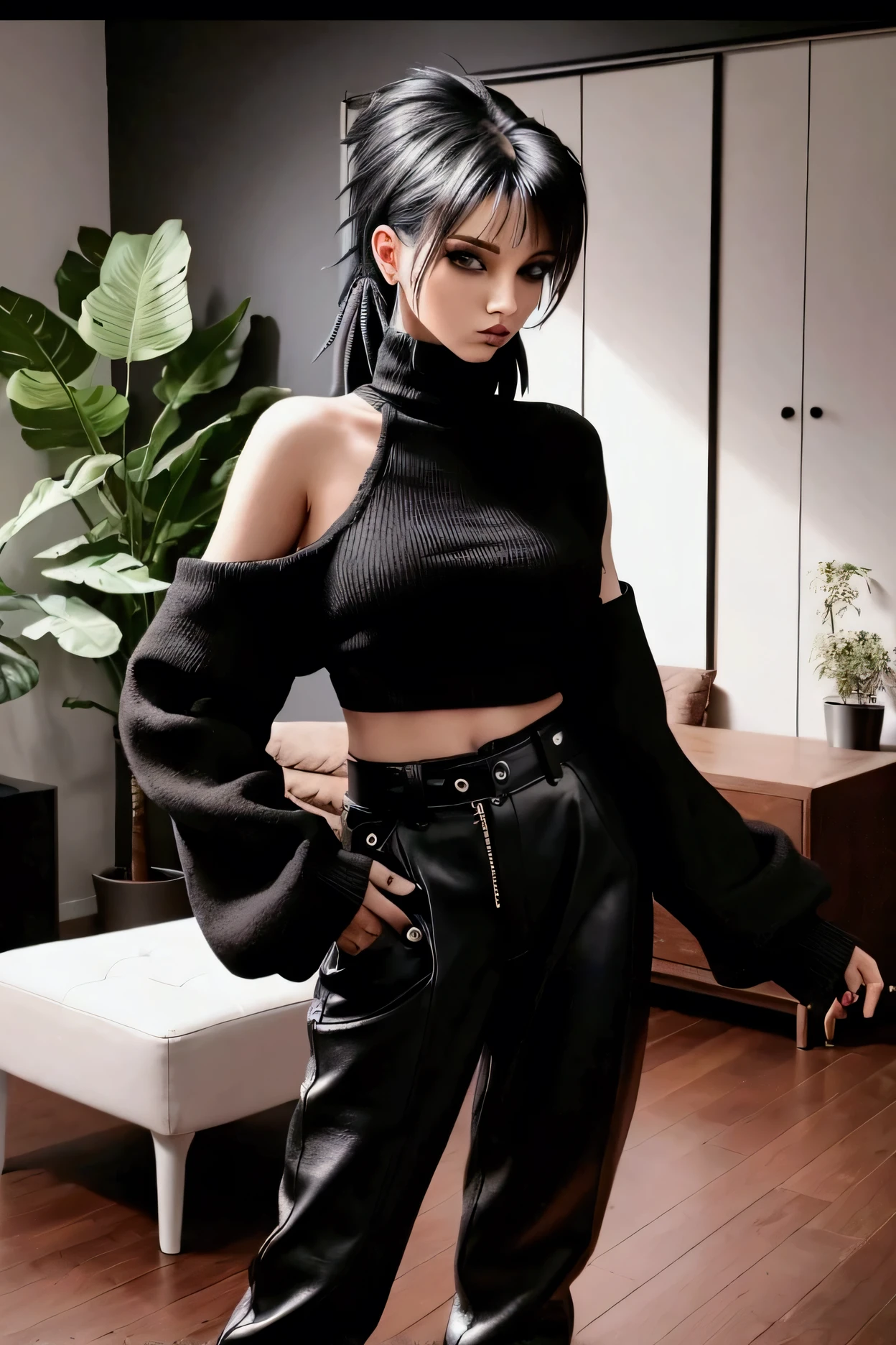 A punk style girl is standing in a living room straight hair shaved on the side dark makeup around her eyes wearing a black sweater and black pants she is posing for a photo with her hand on her waist
