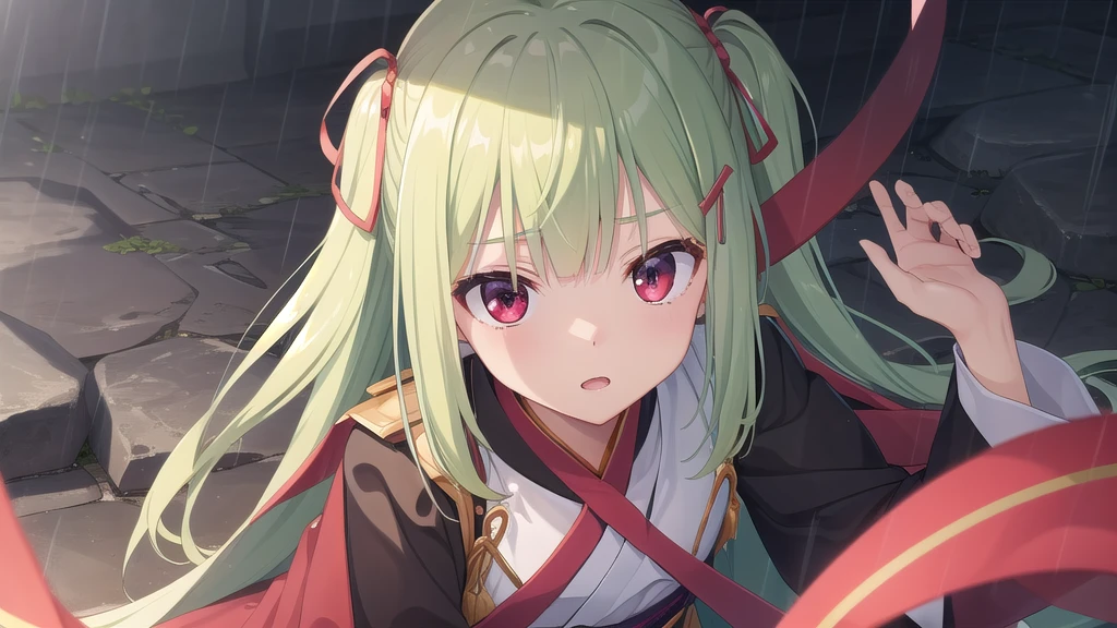 ((masterpiece)),(best quality),Official Art,Extremely detailed CG,Unity 8K wallpaper,Very detailed,Beautiful and delicate eyes,Extremely detailed face,1 girl,solitary,,(whole body:1.5),(small:1.3),Murasame,Very long hair,Green Hair,Face Up,Purple bow,hairpin,Side chains,Bangs,Red Eyes,Neck strap,Red belt,Chinese elegant style,Long-sleeved white hanfu,When the rain comes here, it becomes a thread and entangles us in the world. You being by my side is fate. It is written on the Sansheng Stone.