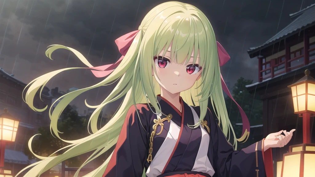 ((masterpiece)),(best quality),Official Art,Extremely detailed CG,Unity 8K wallpaper,Very detailed,Beautiful and delicate eyes,Extremely detailed face,1 girl,solitary,,(whole body:1.5),(small:1.3),Murasame,Very long hair,Green Hair,Face Up,Purple bow,hairpin,Side chains,Bangs,Red Eyes,Neck strap,Red belt,Chinese elegant style,Long-sleeved white hanfu,When the rain comes here, it becomes a thread and entangles us in the world. You being by my side is fate. It is written on the Sansheng Stone.