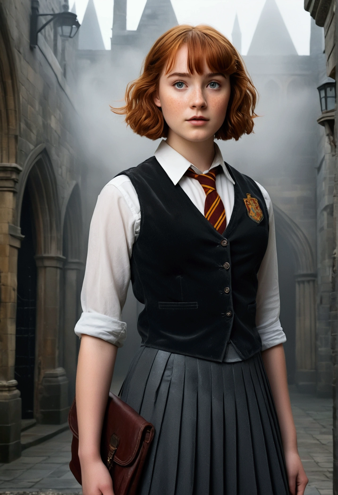 An illustrated movie poster, hand-drawn, full color, a teenage Hogwarts student, 18-years-old, female, wearing a charcoal vest and a pleated skirt, athletic hourglass figure, full wide hips, massive round butt, long shapely legs, ridiculously thick powerful thighs, vibrant eyes, deep dark auburn hair, short curly bob cut, flushed sun-kissed complexion, freckles, resembles Genevieve O'Reilly, standing in a foggy Hogwarts courtyard, surrounded by mist, graphite shading, stencil marks, airbrushed acrylic paint, masterpiece, close-up shot, in the Deathly Hallows