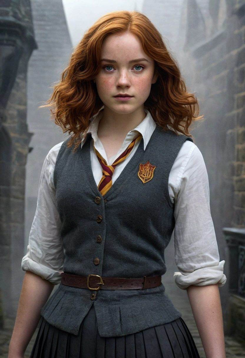 An illustrated movie poster, hand-drawn, full color, a age Hogwarts student, 18-years-old, female, wearing a charcoal vest and a pleated skirt, athletic hourglass figure, full wide hips, massive round butt, long shapely legs, ridiculously thick powerful thighs, vibrant eyes, deep dark auburn hair, short curly bob cut, flushed sun-kissed complexion, freckles, resembles Genevieve O'Reilly, standing in a foggy Hogwarts courtyard, surrounded by mist, graphite shading, stencil marks, airbrushed acrylic paint, masterpiece, close-up shot, in the Deathly Hallows