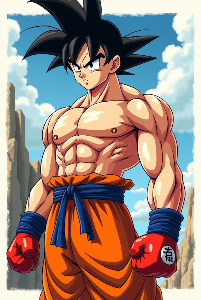 Draw Goku shirtless and wearing boxing gloves in the Dragon Ball manga style. He must be shirtless. Please draw him in Akira Toriyama style.