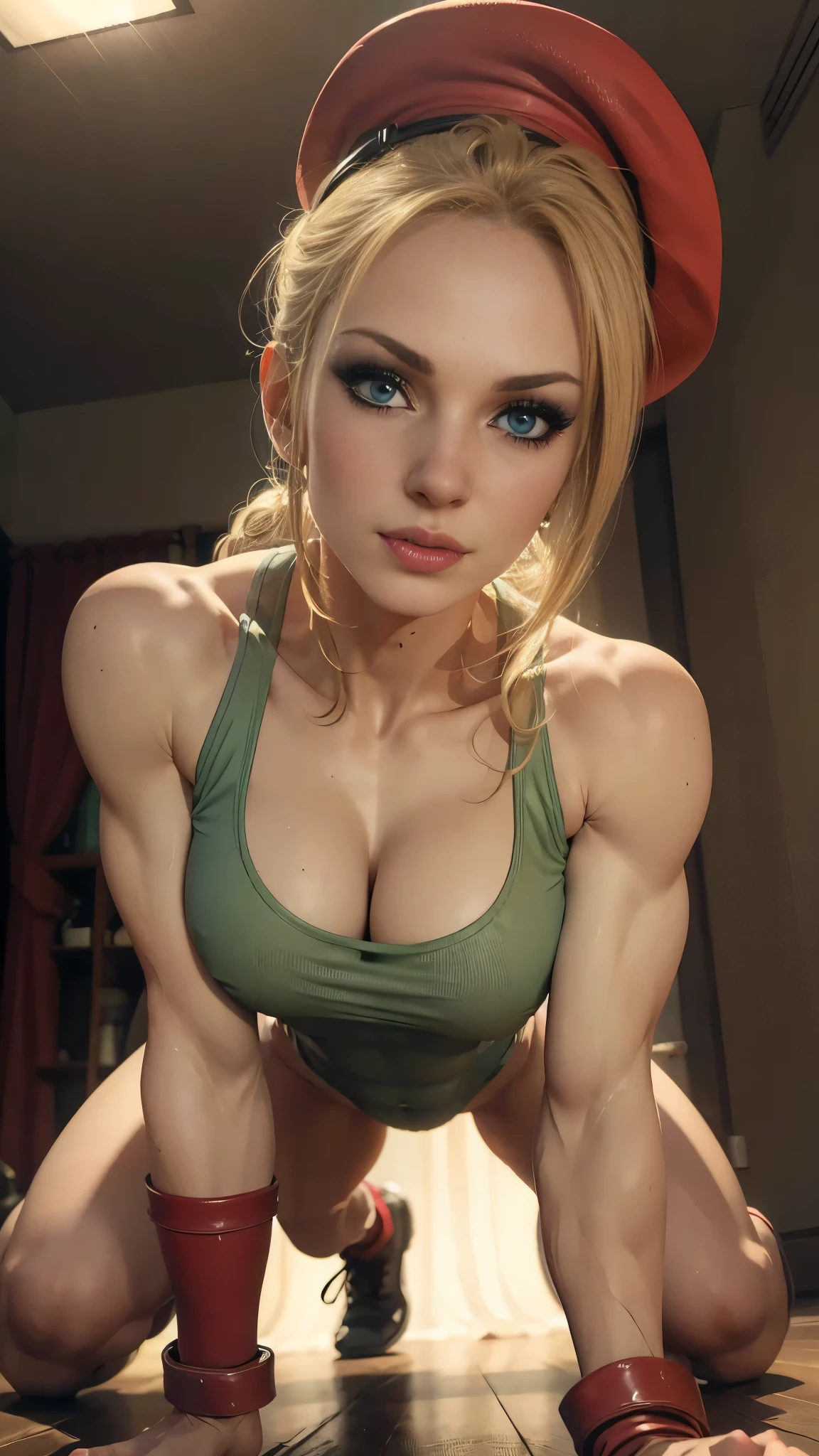 ((masterpiece)), 1 female, whole body:2.0, On all fours, Cammy White from Street Fighter showing the soles of her feet, Blonde, Double Knit, Eye contact with viewers, Severe, Ramparts, Beautiful Face, highly Realistic skin texture, Highly detailed eyes:1.1, Realistic pupils, Blush all over face, Fuller lips, Lean Your Body, Wide Hips, Big round breasts, 5 fingers per hand, Perfect Anatomy:1.1, Perfect Proportions:1.1, Green tank top, Red Beret, Red Gauntlet, Red fingerless gloves, boots, Muscular arms, Muscular body, (Muscular woman:0.6), Volumetric lighting, Dynamic Lighting, (High resolution:1.1), Sharp focus, (Realistic, hyperRealistic:1.4), Complex, Attention to detail, Cinematic, Capture the light, Multiple lights, Scattered beneath the surface, Bokeh, Vivid, Polished, Honed, ((Full Sharp)), (Extremely absurd), 4K, High resolution, White light, Place your hands behind your head, 目がCapture the light, bright, light, bright照明, translation, Fundist